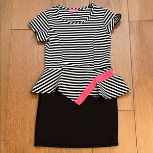 Striped Black and White Kids Dress with Pink Accent